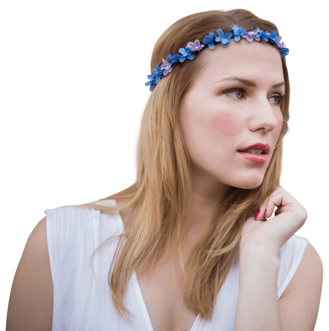 Thoughtful Caucasian Woman in Flower Headband on Transparent Background