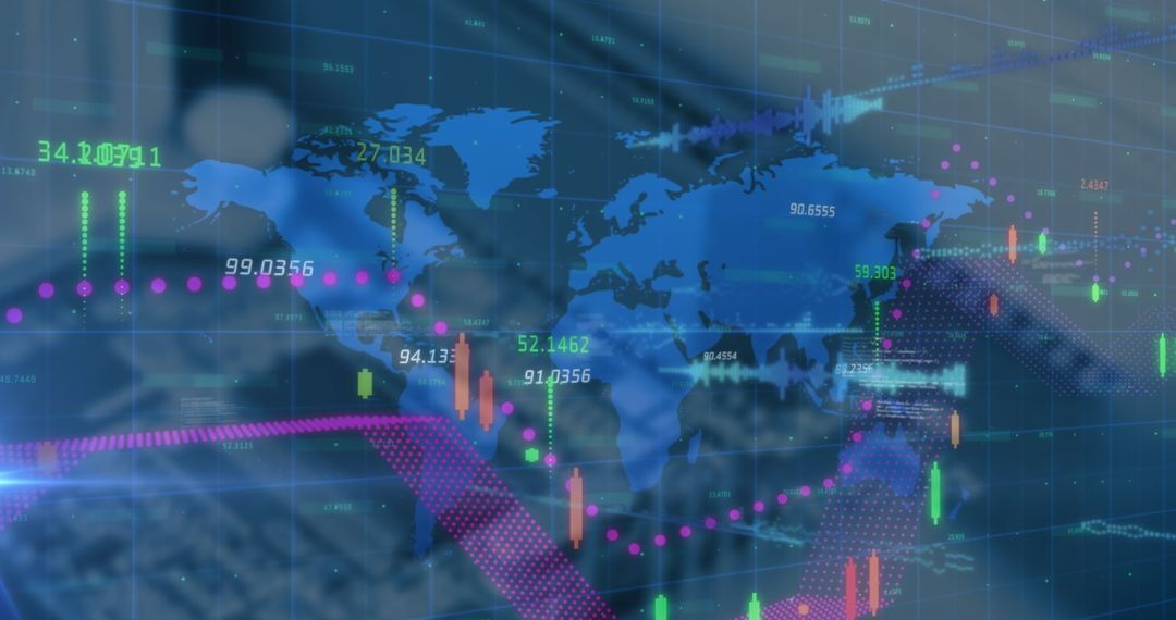 Executive Analyzing Financial Charts on Digital Screen with World Map