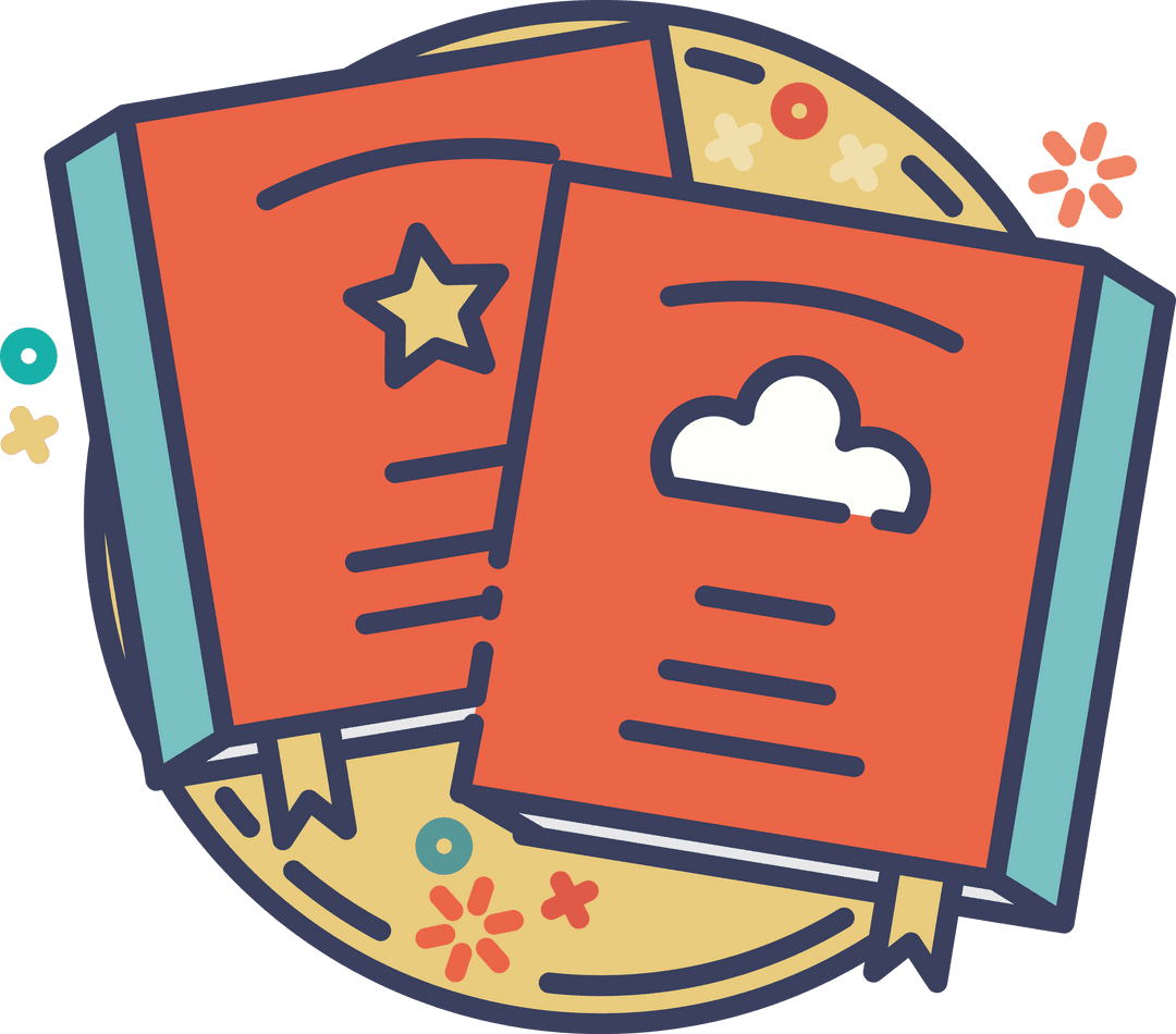 Colorful Red Books Illustration with Icons on Transparent Background