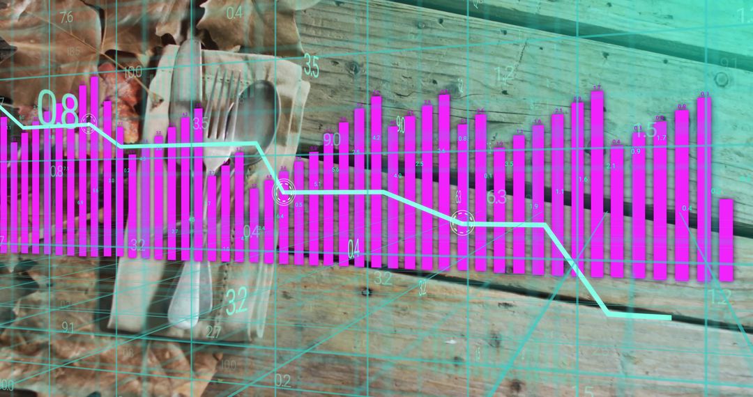 Magenta Bar Chart Overlaying Rustic Wooden Table with Cutlery and Walnuts