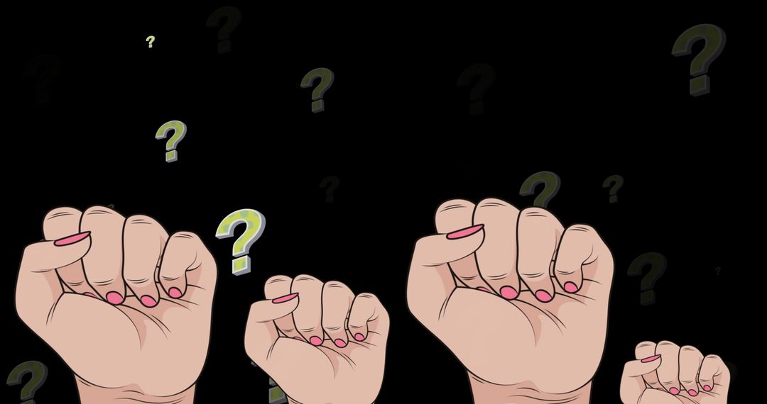 Raising Fists with Question Marks on Black Background