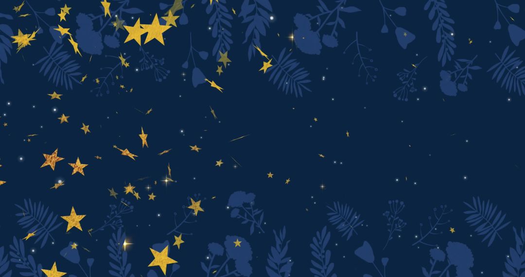 Midnight Sky with Golden Stars and Botanical Elements