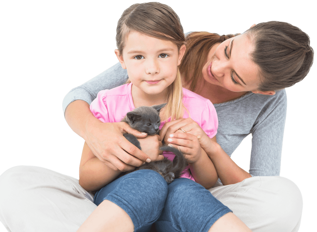 Mother and Daughter Bonding with Cat on Transparent Background