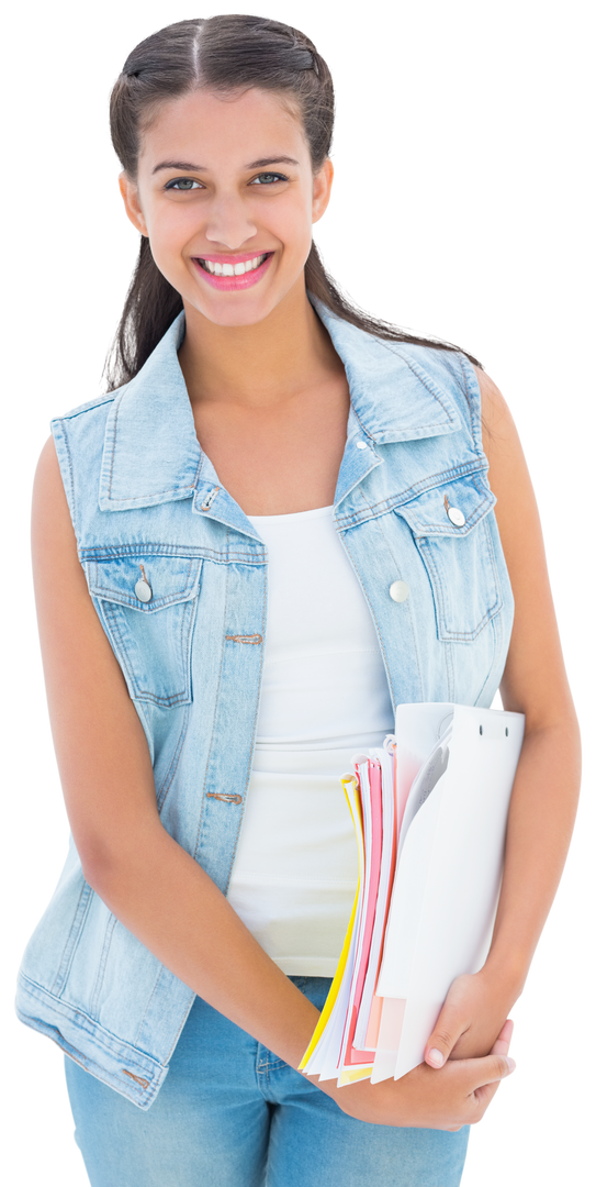 Smiling Student in Denim Vest with Notebooks on Transparent Background - Download Free Stock Images Pikwizard.com