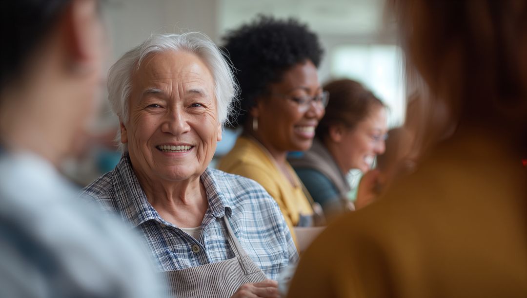 Smiling Senior Asian Volunteer Serving at Community Cafe with Diverse Teamwork and Joy