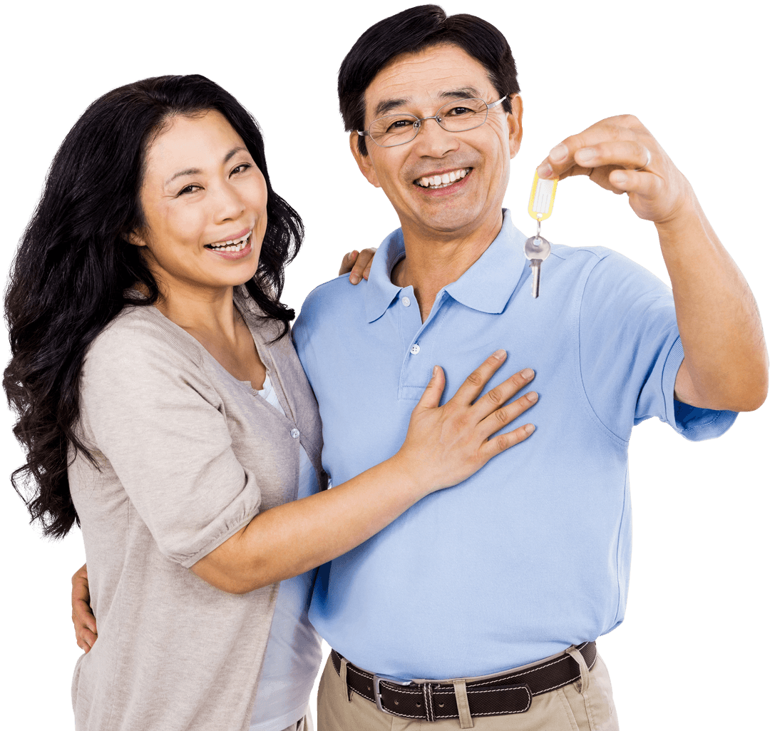 Happy Asian Couple Holding Keys to New Home, Transparent Background