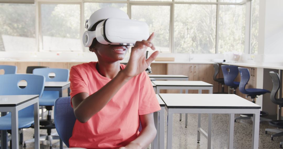 Boy Engaged in Virtual Reality Experience in Classroom