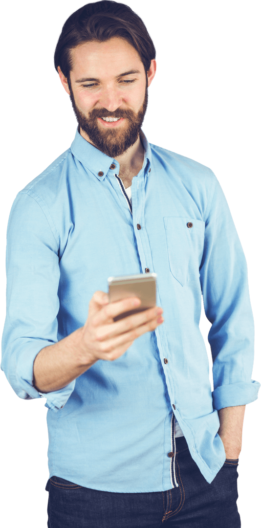 Smiling Bearded Man Using Mobile Phone on Transparent Background