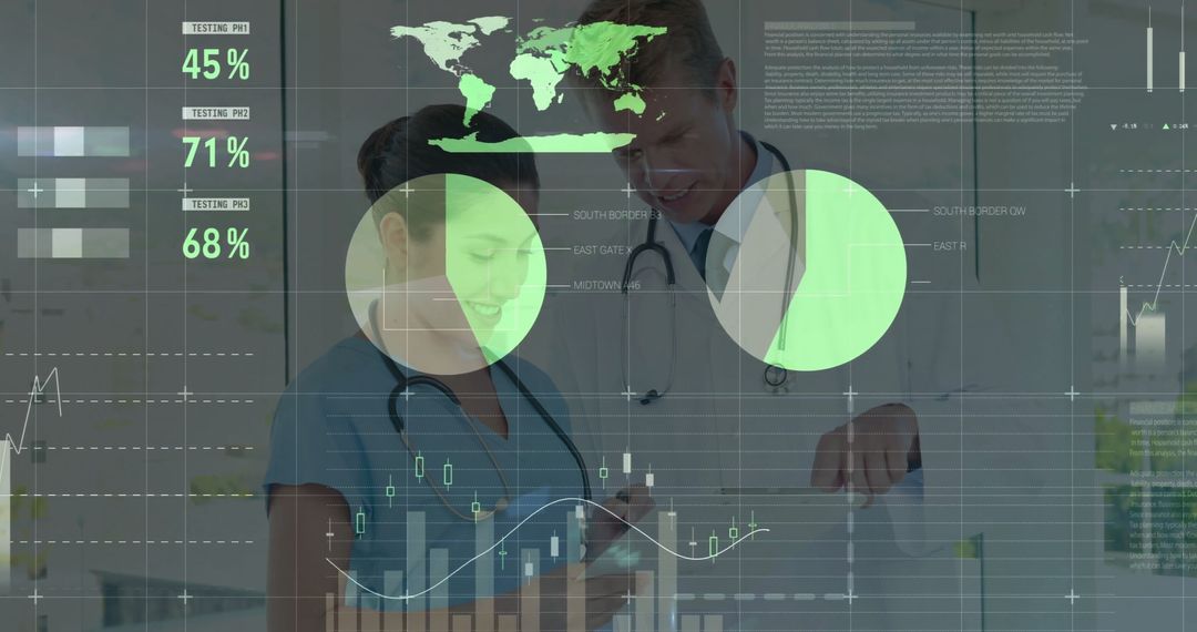 Medical Professionals Collaborating with Global Health Data Visualization
