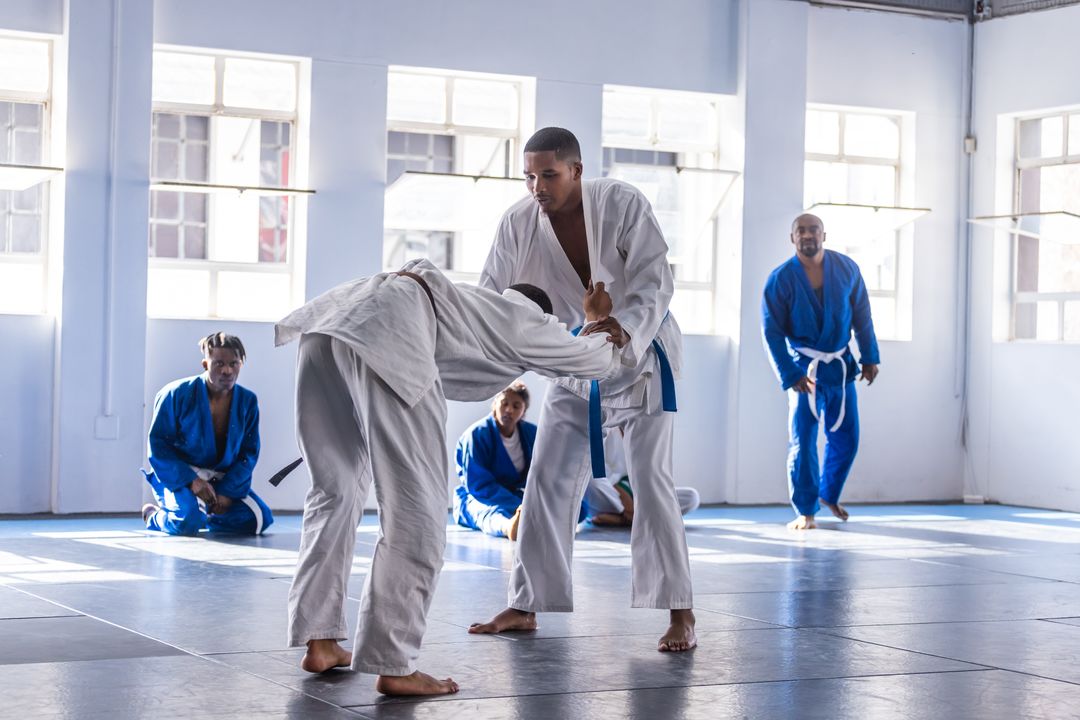 Martial Artists Practicing Grappling Techniques in Dojo