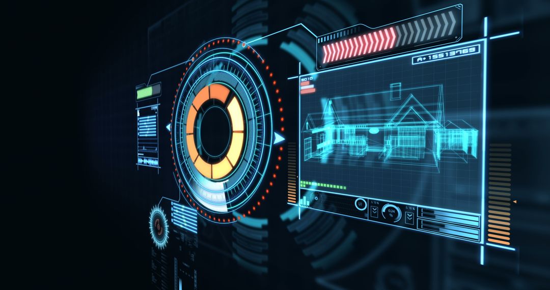 Futuristic Interface with House Blueprint and Circular Design
