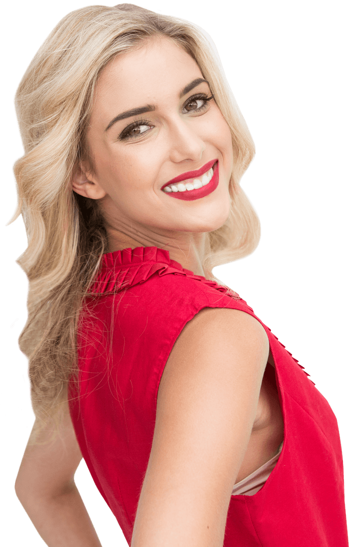 Smiling Blonde Woman in Red Top on Transparent Background