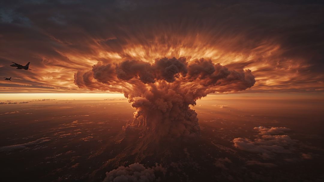 Dramatic mushroom cloud over sunset with airstrikes fighter jets