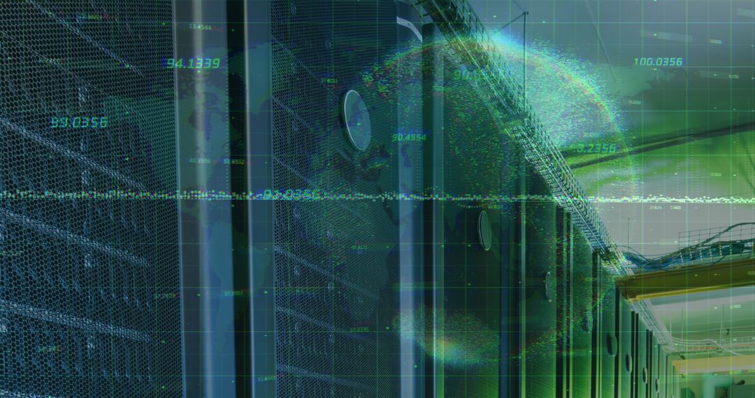 Digital Data Processing in Modern Server Room with Spinning Globe Hologram