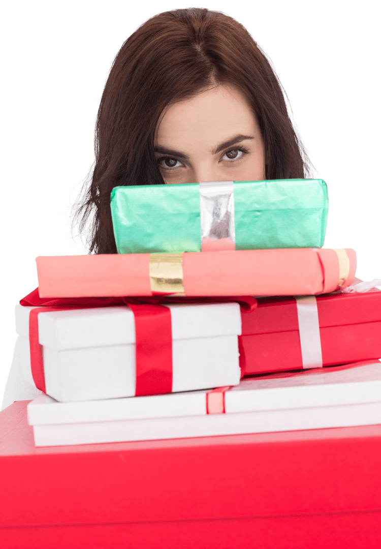 Brunette Holding Pile of Wrapped Gifts Transparent Background