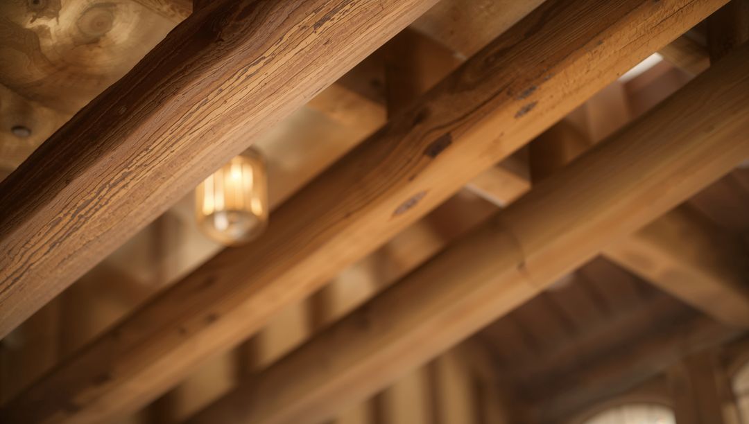 Rustic cabin ceiling showcasing round timber beams, diagonal rafters and pendant light