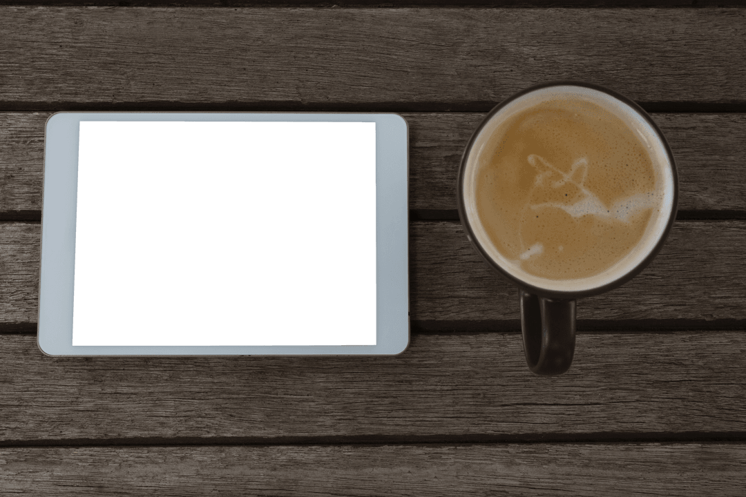 Digital Tablet and Coffee on Transparent Wood Surface Design