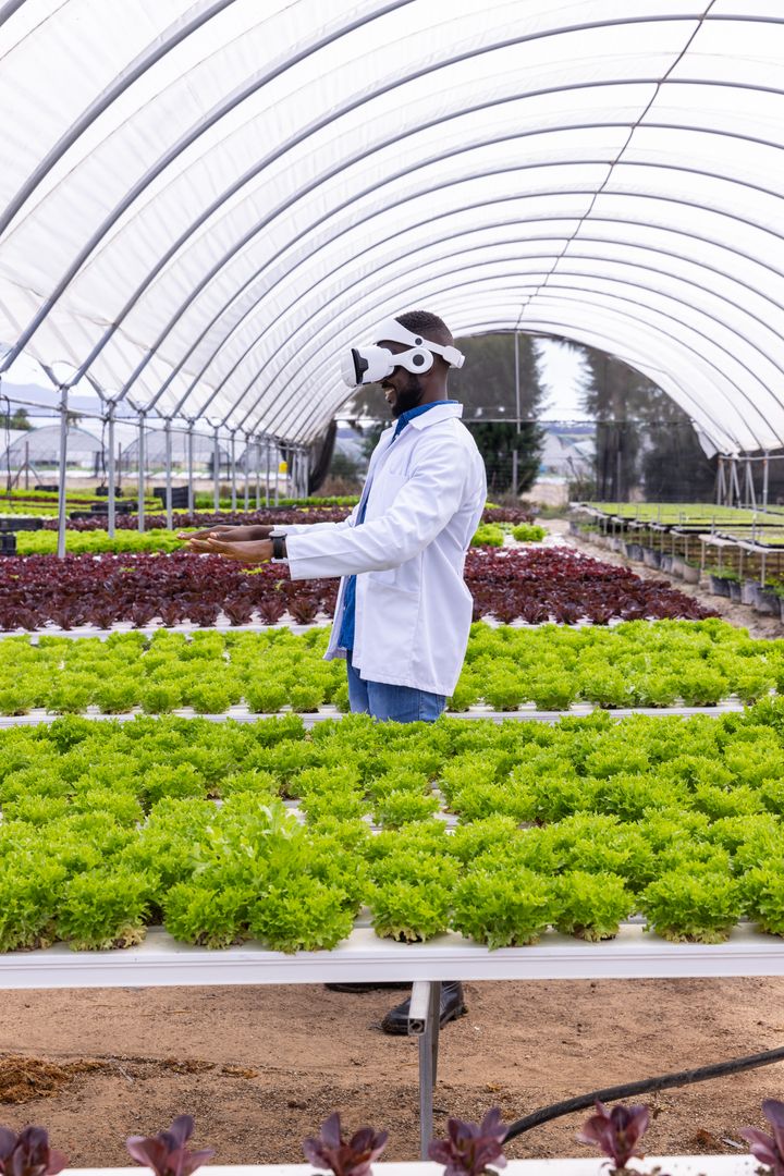 Innovative Agriculture: Man in VR Headset in Hydroponic Greenhouse