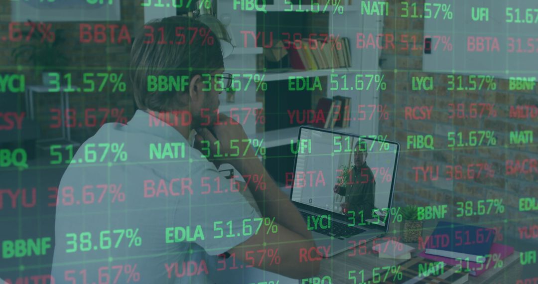 Businessman Analyzing Financial Data on Laptop Reflected with Stock Tickers