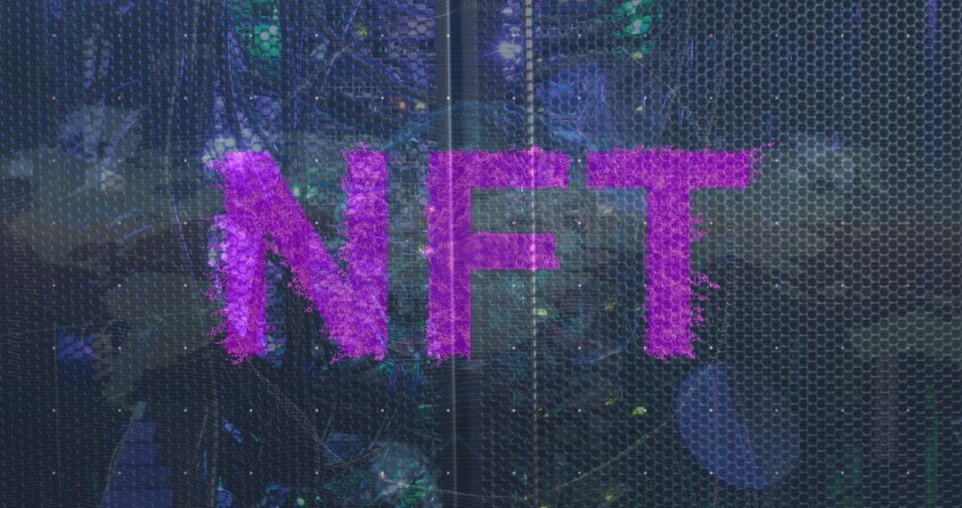 Glowing Magenta NFT Typography on Digital Hex Grid Background