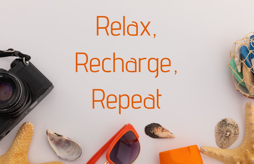 Relax Recharge Repeat Text With Beach Accessories On White Background - Download Free Stock Templates Pikwizard.com