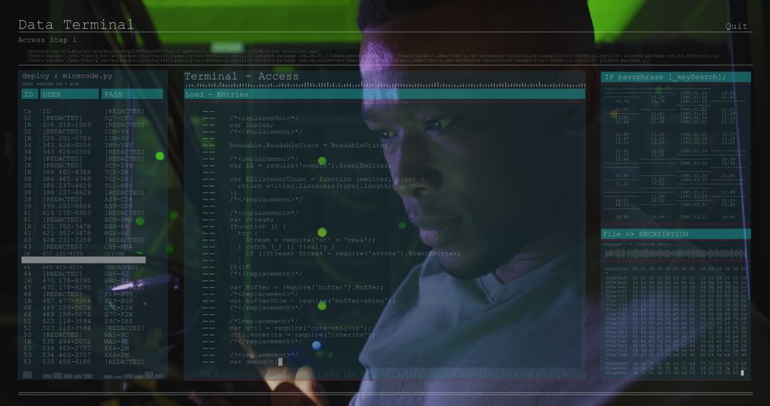 African American IT Engineer Analyzing Data on Terminal Screens