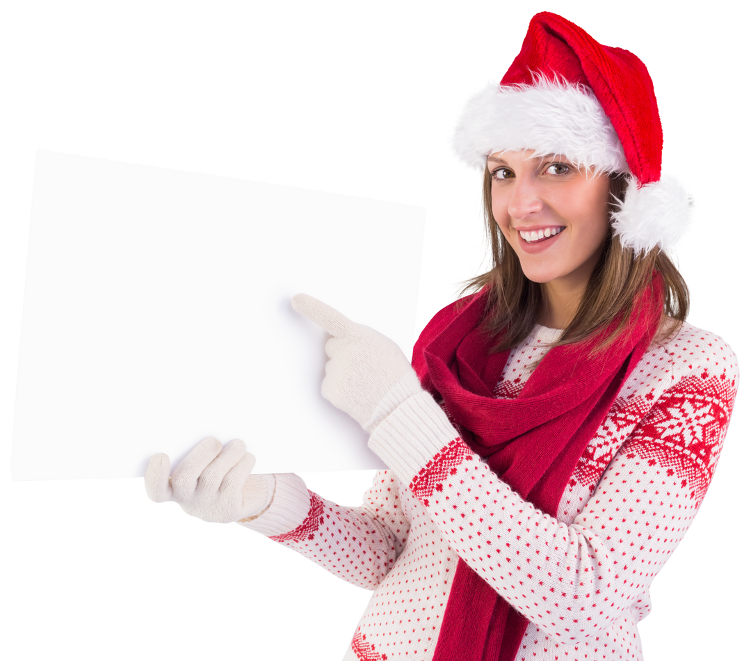 Smiling Woman in Santa Hat Pointing at Transparent Blank Banner - Download Free Stock Images Pikwizard.com