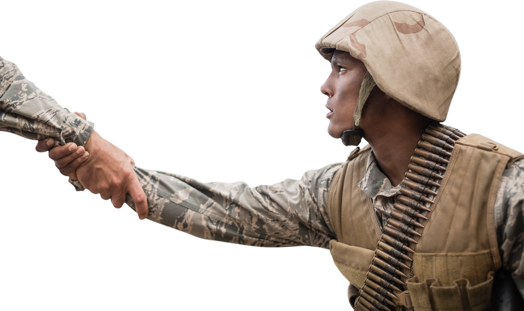 Soldier holding comrade's hand on transparent background, military unity concept - Download Free Stock Images Pikwizard.com