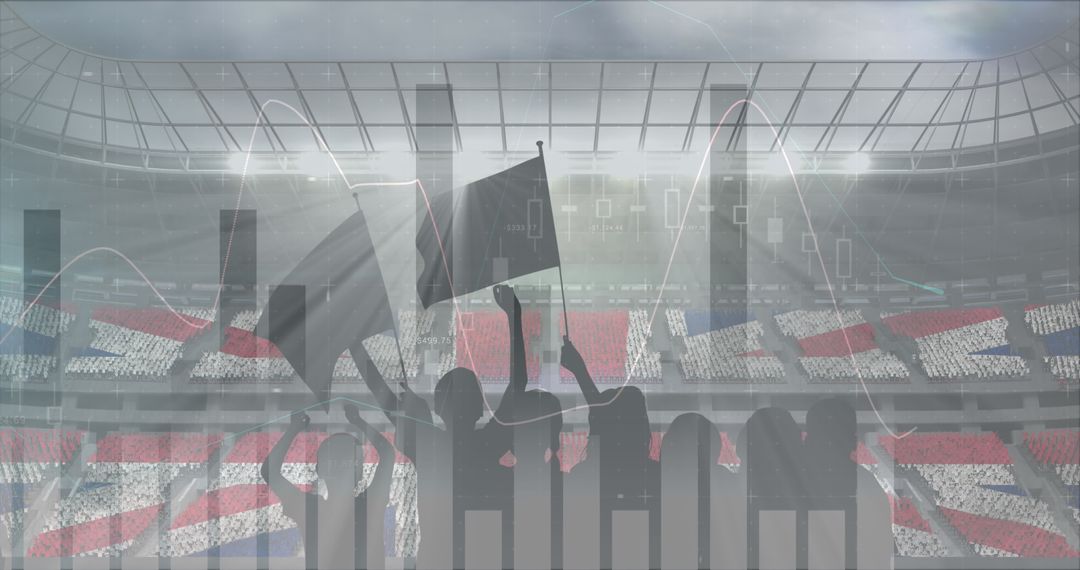 Sports fans cheering in stadium with financial analytics overlay