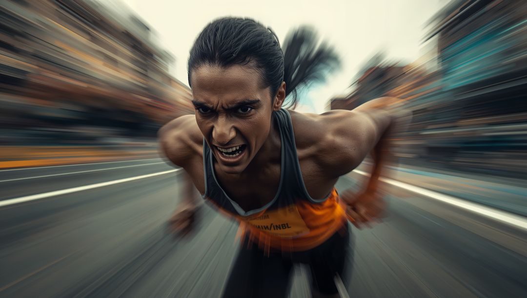 Explosive Female Sprinter Charging Through Urban Street With Intense Focus And Motion Blur