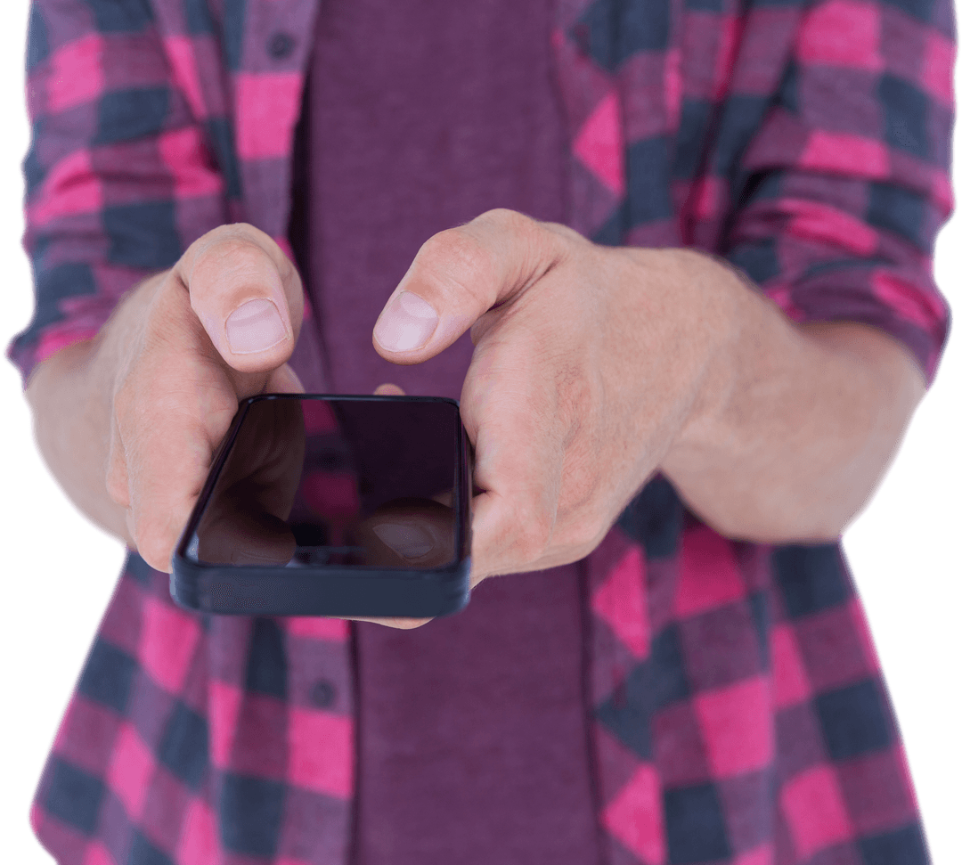 Midsection Person Tapping Phone Touchscreen in Casual Pink Checkered Shirt Transparent