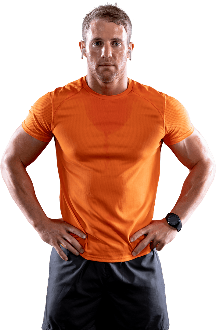 Muscular Man in Orange Sportswear on Transparent Background