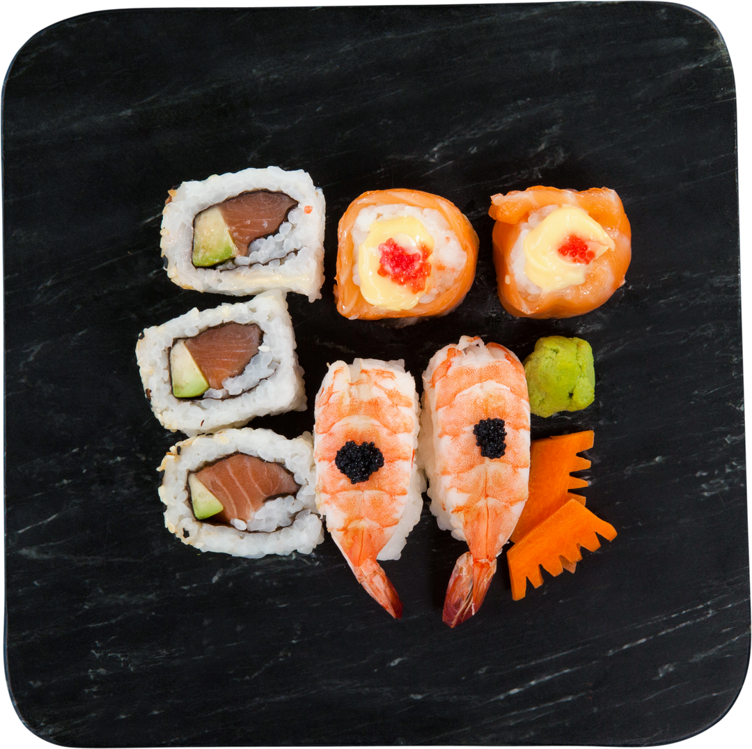 Overhead View of Assorted Sushi on Transparent Plate - Download Free Stock Images Pikwizard.com