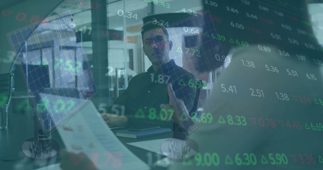 Financial Professionals Analyzing Data with Technology Overlay