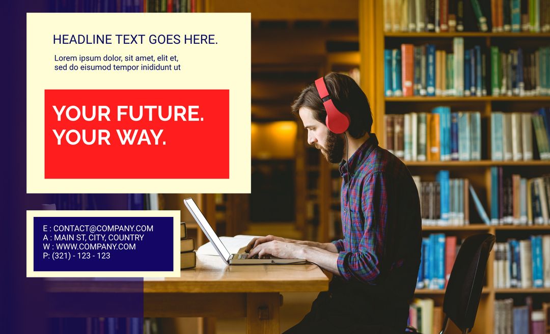 Focused Man with Headphones Studying in Library with Laptop