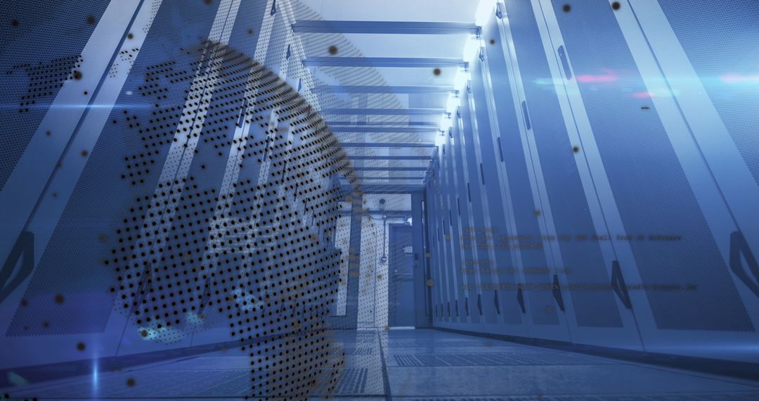 Data Infrastructure Technology in Server Room with Digital World Overlay