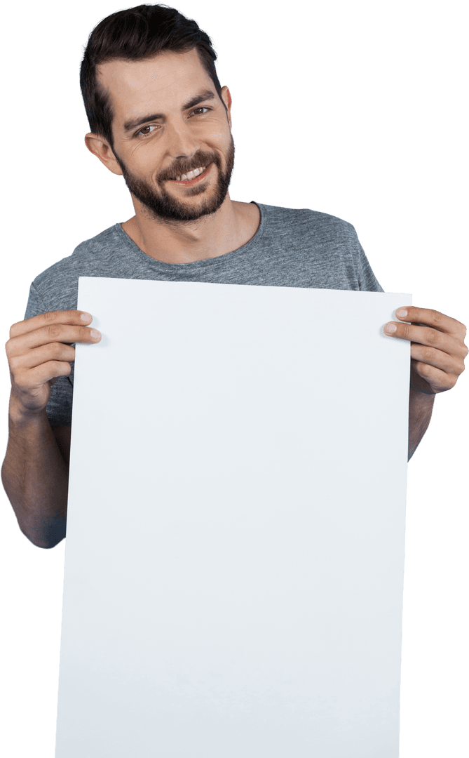 Smiling Young Man Holding Blank Transparent Placard