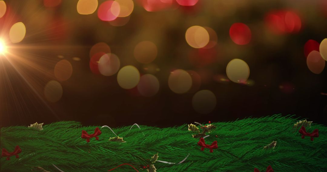 Festive Fir Garland with Red Bows and Twinkling Bokeh Lights