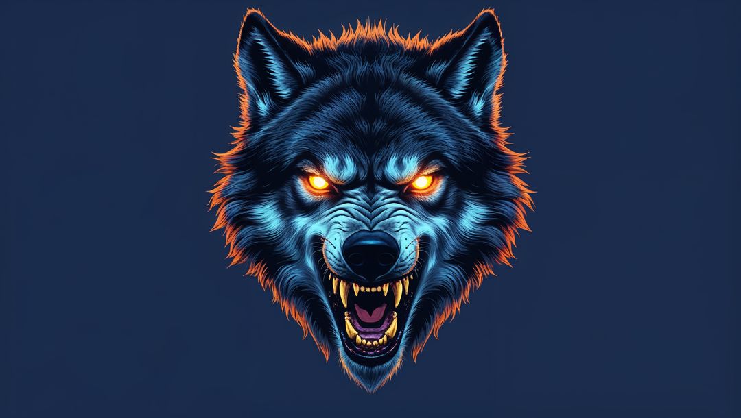 Fiery-eyed werewolf head with neon glow