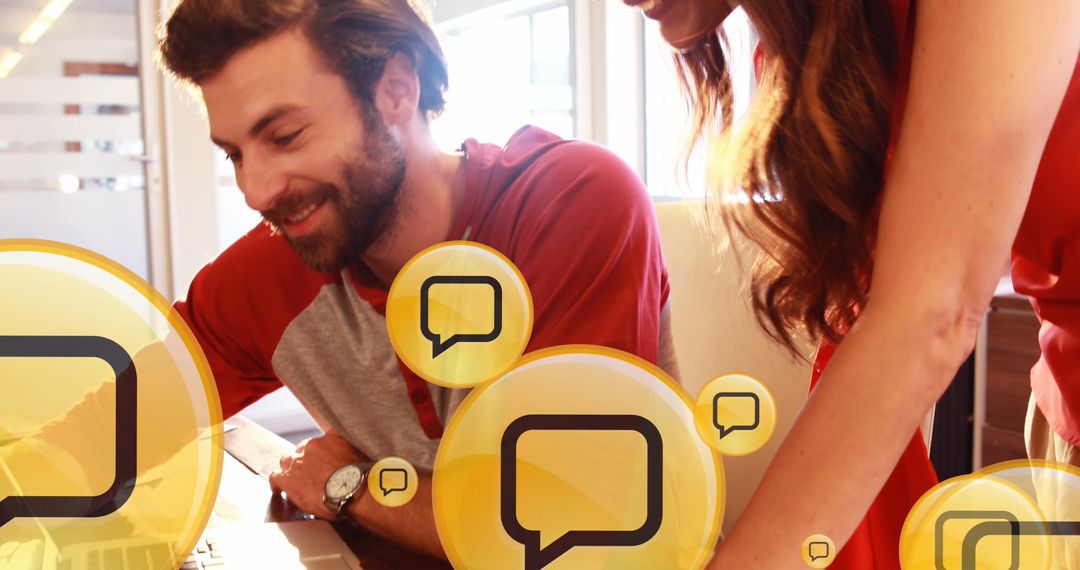 Professionals Collaborating with Digital Communication Icons