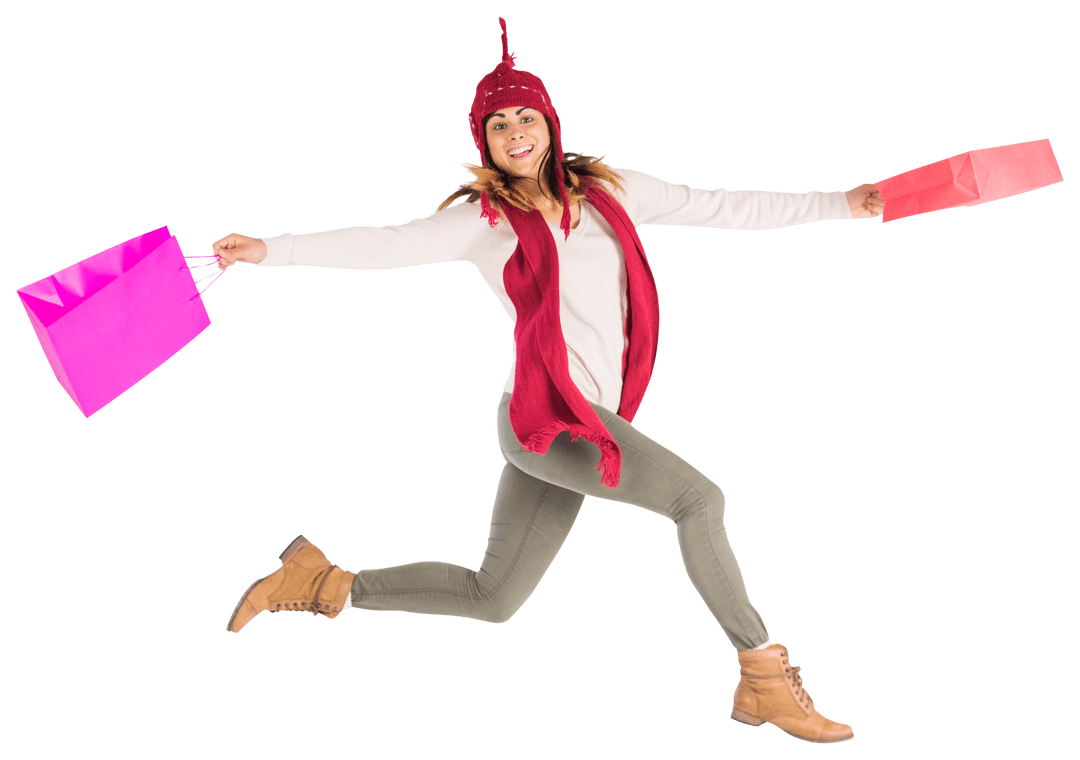 Excited Shopper Jumping with Colorful Bags on Transparent Background