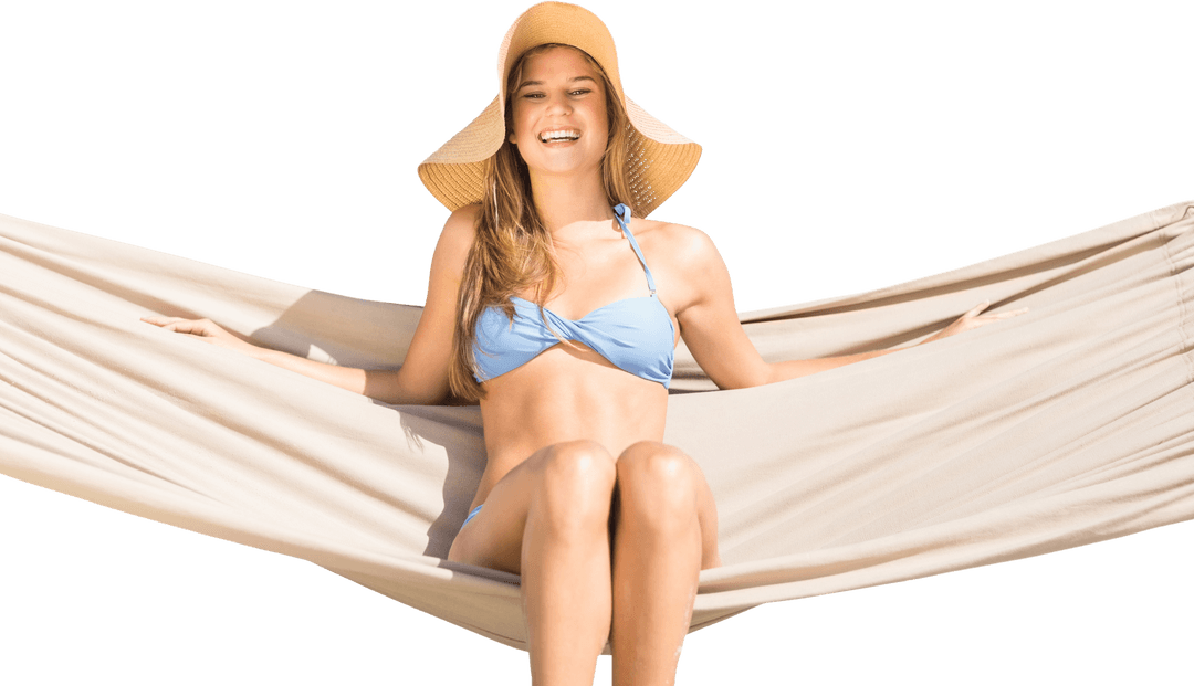 Happy Woman in Swimsuit Relaxing in Hammock on Transparent Background