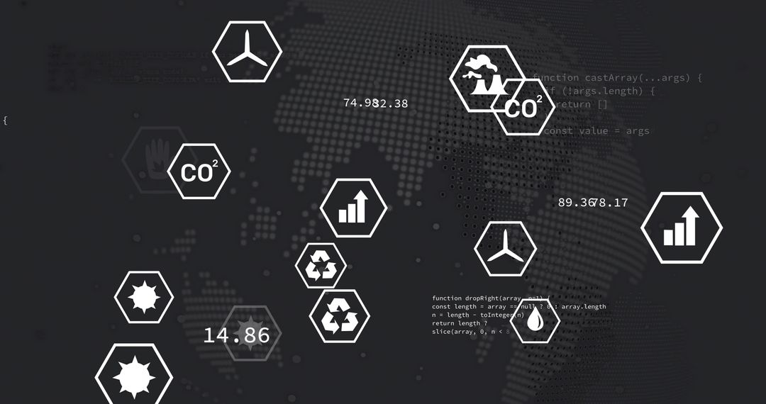 Hexagonal Icons on Dotted Map Displaying Environmental Data