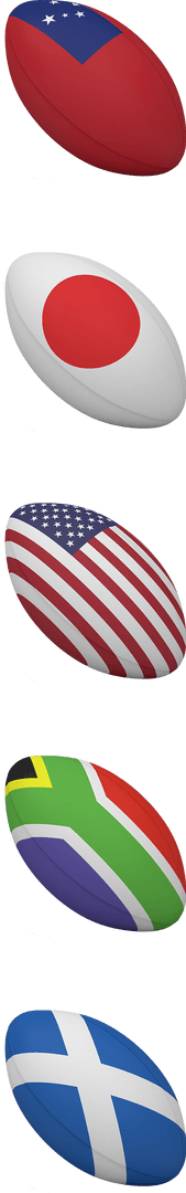 Colorful Rugby Balls Featuring National Flags on Transparent Background