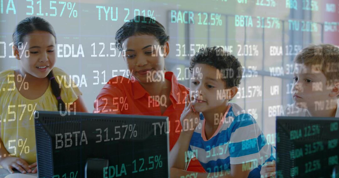 Tutor guiding students at computer monitors with data overlay, digital learning teamwork