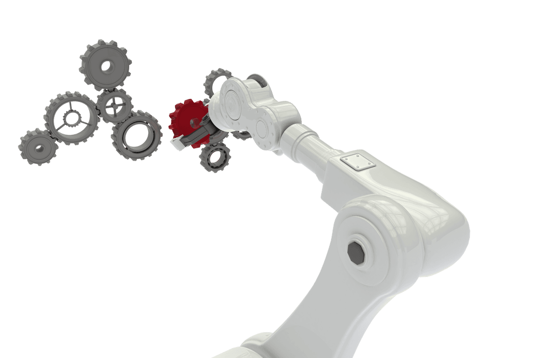 Robotic Arm Manipulating Industrial Cogs on Transparent Background