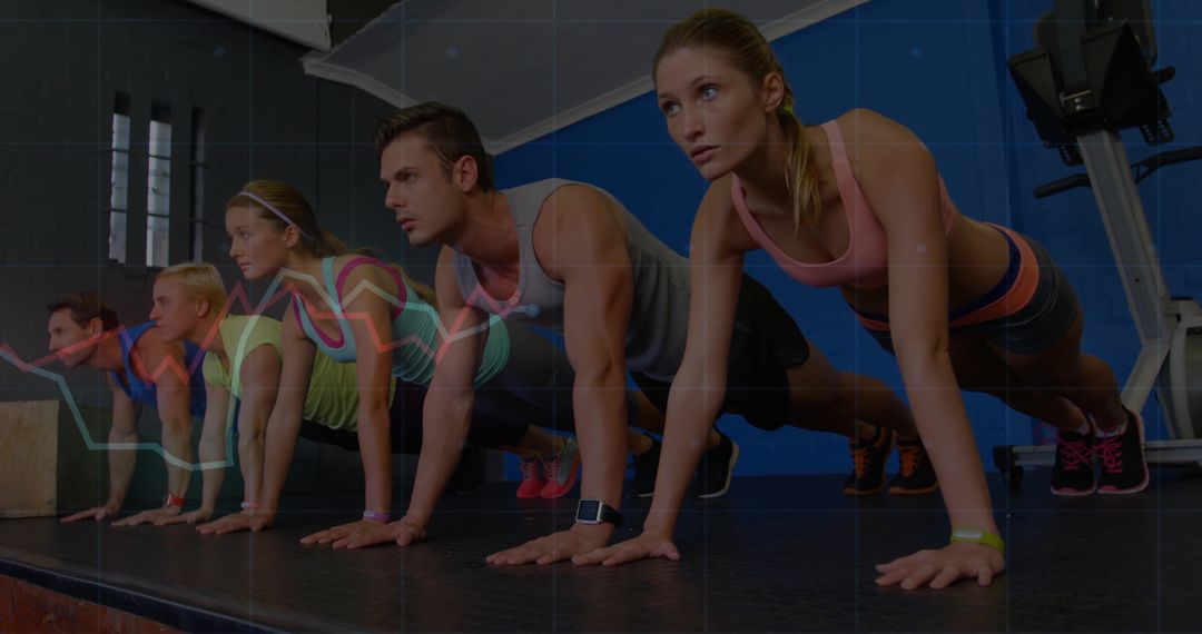 Diverse Group Engaging in Push-up Challenge with Health Graph Overlay