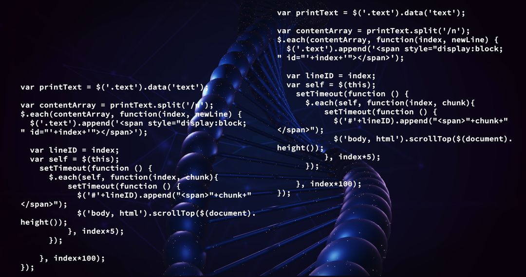 DNA Strand Visual with Code Overlay Illustrating Biotech Data Processing