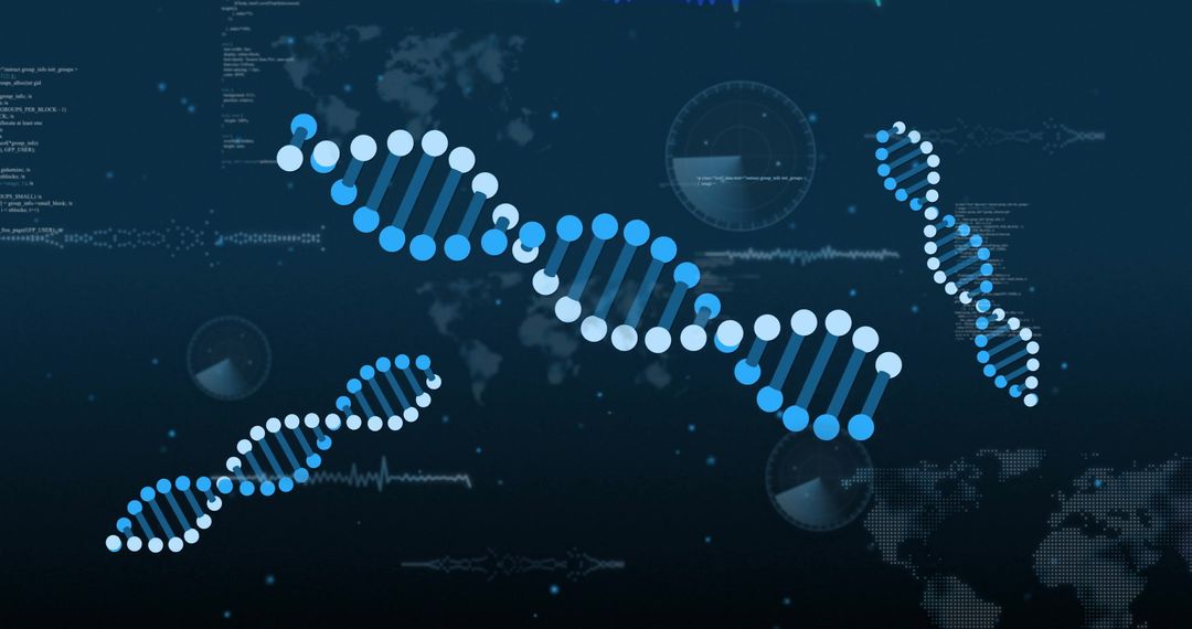 DNA Strands Visualization Over Digital World Map Backdrop