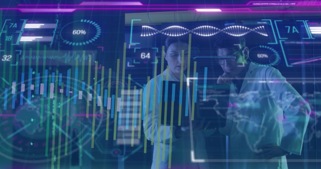 Diverse Tech Team Analyzing Digital Data Patterns in Futuristic Environment